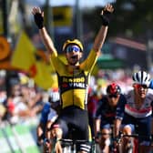 Belgium's Wout van Aert celebrates as he crosses the finish line. Picture: Stuart Franklin/Getty