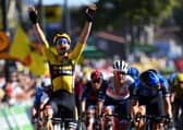 Belgium's Wout van Aert celebrates as he crosses the finish line. Picture: Stuart Franklin/Getty