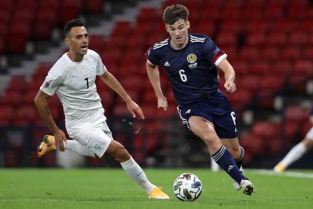 Scotland's Kieran Tierney gets away from Israel's Eran Zahavi. Picture: Andrew Milligan/PA