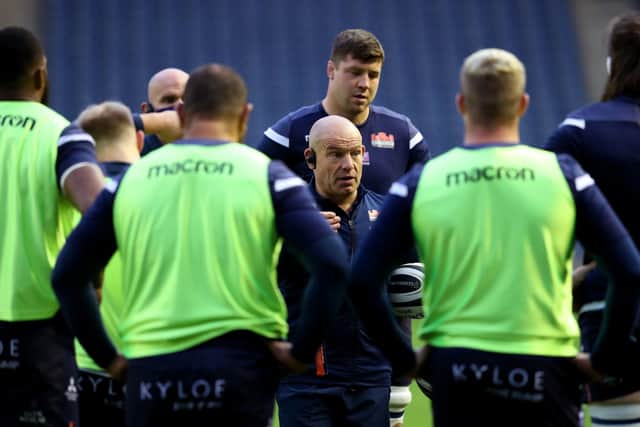 Edinburgh head coach Richard Cockerill speaks to his players. Picture: Andrew Milligan/PA