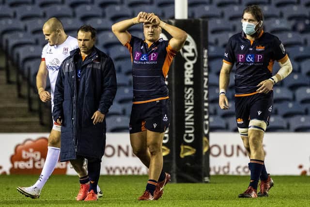 Mike Willemse, centre, cuts a dejected figure after his deliberate knock-on led to Ulster's decisive penalty in Saturday's Pro-14 semi-final at BT Murrayfield. Picture: Craig Williamson/SNS