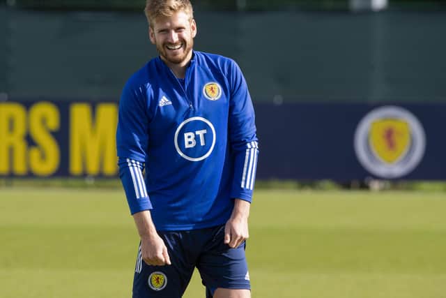 Stuart Armstrong has a laugh at training at the Oriam. Picture: Alan Harvey/SNS
