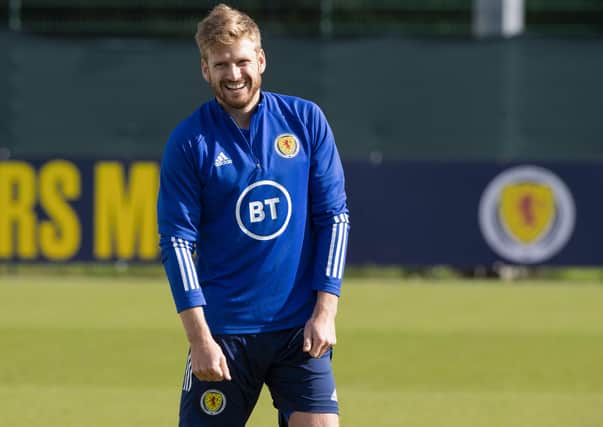 Stuart Armstrong has a laugh at training at the Oriam. Picture: Alan Harvey/SNS
