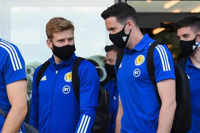 Stuart Armstrong, left, and Jon McLaughlin pictured as Scotland  depart fortheir Nations League qualifier against Czech Republic