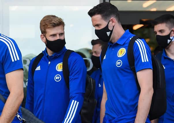 Stuart Armstrong, left, and Jon McLaughlin pictured as Scotland depart fortheir Nations League qualifier against Czech Republic