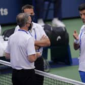 Novak Djokovic pleads his case after the incident. Picture: Seth Wenig/AP