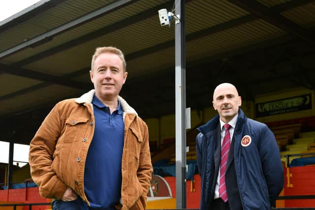 Mark Millar, left, and Iain McMenemy with the new camera system at Cliftonhill. Picture: Michael Gillen
