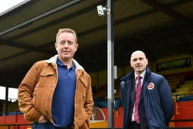 Mark Millar, left, and Iain McMenemy with the new camera system at Cliftonhill. Picture: Michael Gillen