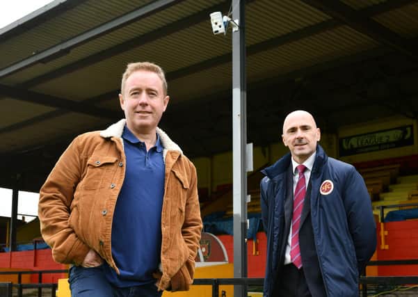 Mark Millar, left, and Iain McMenemy with the new camera system at Cliftonhill. Picture: Michael Gillen
