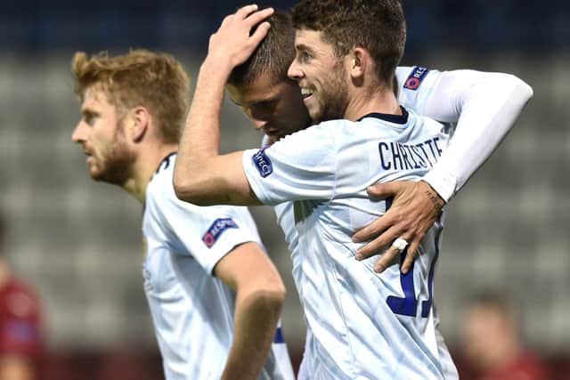 Ryan Christie congratulates Lyndon Dykes on his first-half equaliser for Scotland against Czech Republic