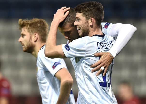 Ryan Christie congratulates Lyndon Dykes on his first-half equaliser for Scotland against Czech Republic