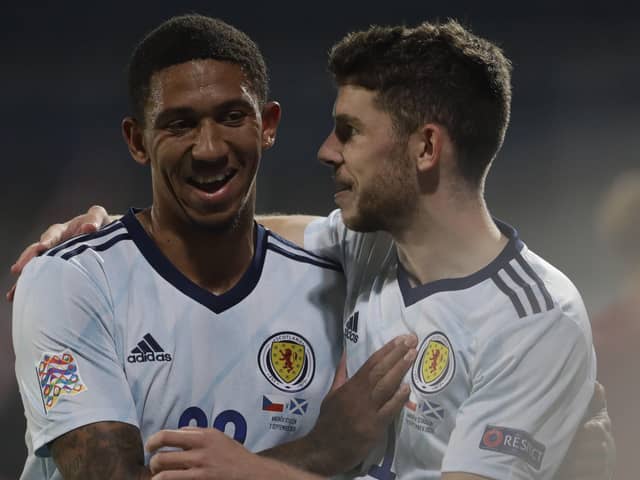 Ryan Christie, right, celebrates with Liam Palmer, left, after Scotland's 2-1 win over Czech Republic