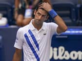 Novak Djokovic reacts after inadvertently hitting a line judge with a ball at the US Open. Picture: Seth Wenig/AP