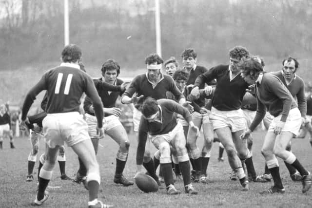 A clash between rivals Hawick and Gala in the Border League in April 1973, the year that the national league came in. Picture: Ian Brand
