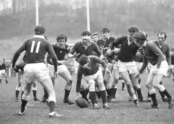 A clash between rivals Hawick and Gala in the Border League in April 1973, the year that the national league came in. Picture: Ian Brand