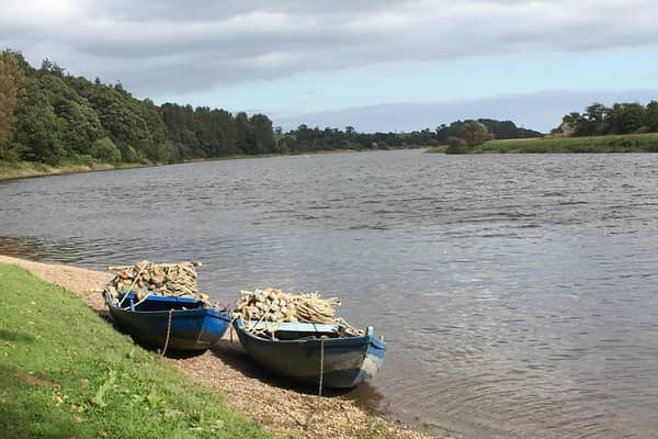 Fishing cobles near the Border on the meandering River Tweed. There's definitely a Border but a river runs through it.