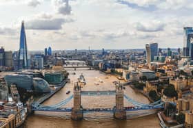 An aerial view of the Thames from Tower Bridge looking west