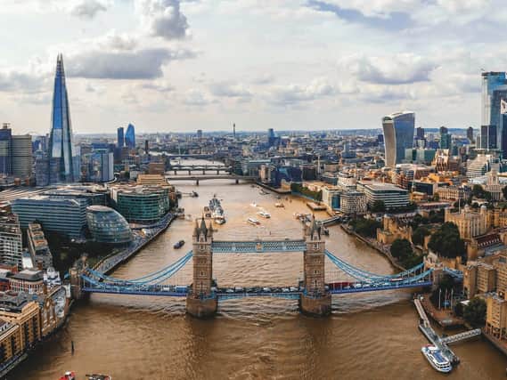An aerial view of the Thames from Tower Bridge looking west