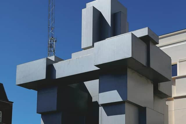 Part of the cubic, crouching self-portrait sculpture ROOM by artist Antony Gormley, in which guests can stay, from outside The Beaumont hotel