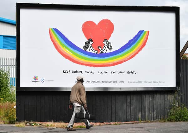 A new colourful billboard in Glasgow's East End, in a nod to the coronavirus lockdown. Picture: John Devlin