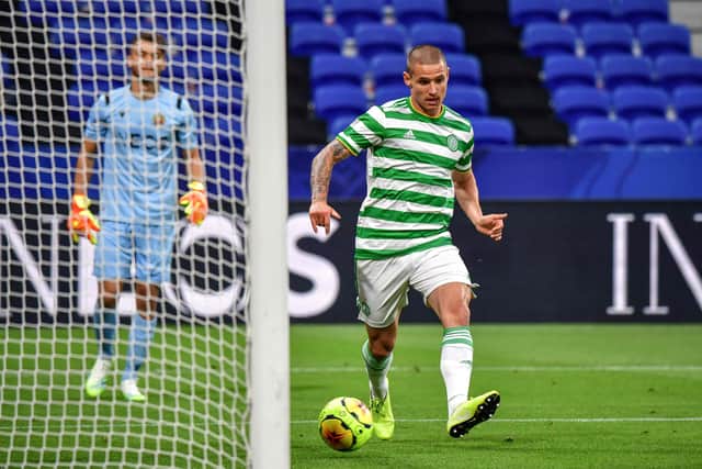 Patryk Klimala equalises for Celtic as he strokes the ball home into an empty net after being gifted possession by Nice goalkeeper Teddy Boulhendi at the Groupama Stadium in Lyon. Picture: Jeff Pachoud/AFP via Getty Images
