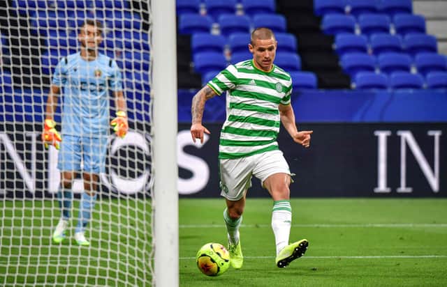 Patryk Klimala equalises for Celtic as he strokes the ball home into an empty net after being gifted possession by Nice goalkeeper Teddy Boulhendi at the Groupama Stadium in Lyon. Picture: Jeff Pachoud/AFP via Getty Images