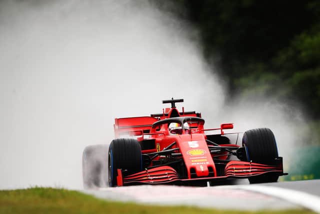 German Sebastian Vettel was fastest in a wet second Budapest GP practice session in his Ferrari. Picture: Bryn Lennon/Getty