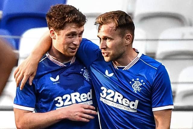 Jamie Barjonas,  left, celebrates after scoring during Rangers’ 2-0 victory over OGC Nice on Saturday. Picture: AFP/Getty