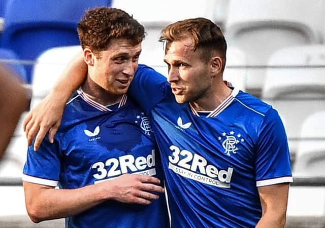 Jamie Barjonas, left, celebrates after scoring during Rangers’ 2-0 victory over OGC Nice on Saturday. Picture: AFP/Getty