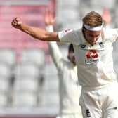 Stuart Broad celebrates dismissing Shane Dowrich to cap an impressive three-wicket spell. Picture: Dan Mullan/Getty Images for ECB