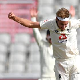 Stuart Broad celebrates dismissing Shane Dowrich to cap an impressive three-wicket spell. Picture: Dan Mullan/Getty Images for ECB