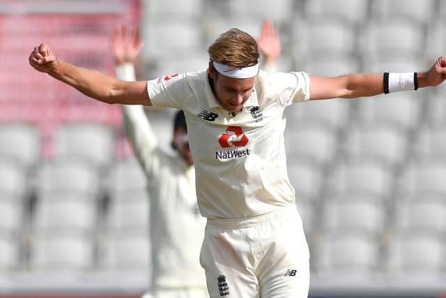 Stuart Broad celebrates dismissing Shane Dowrich to cap an impressive three-wicket spell. Picture: Dan Mullan/Getty Images for ECB