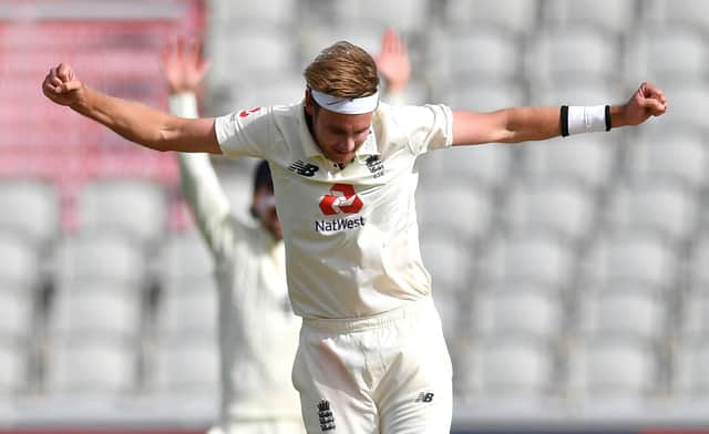 Stuart Broad celebrates dismissing Shane Dowrich to cap an impressive three-wicket spell. Picture: Dan Mullan/Getty Images for ECB