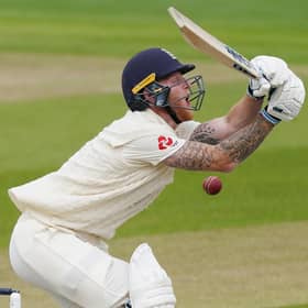 Ben Stokes winces as the ball strikes him on the final day of the second Test against West Indies. Picture: Getty.