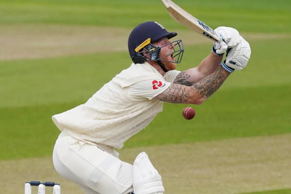 Ben Stokes winces as the ball strikes him on the final day of the second Test against West Indies. Picture: Getty.