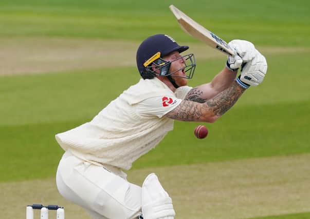Ben Stokes winces as the ball strikes him on the final day of the second Test against West Indies. Picture: Getty.