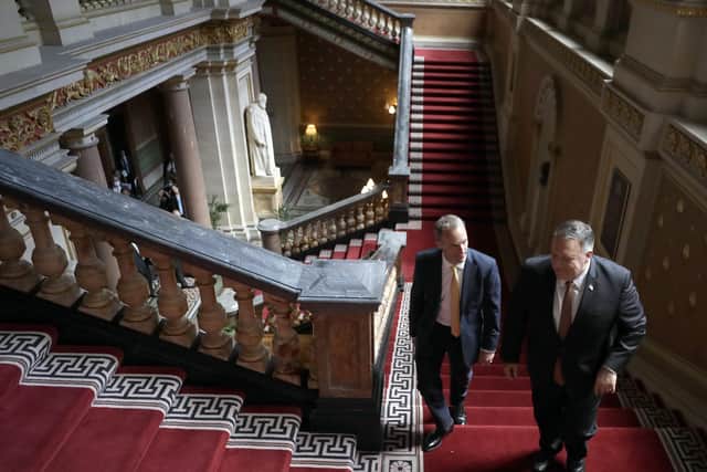 US Secretary of State Mike Pompeo (right) and Britain's foreign secretary Dominic Raab walk up the stairs in the Foreign Office. Picture: Kirsty Wigglesworth - WPA Pool/Getty Images