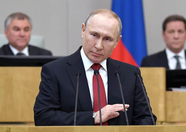 Russian president Vladimir Putin speaks during a session prior to voting for constitutional amendments at the State Duma. Picture: Alexei Nikolsky, Sputnik, Kremlin Pool Photo via AP