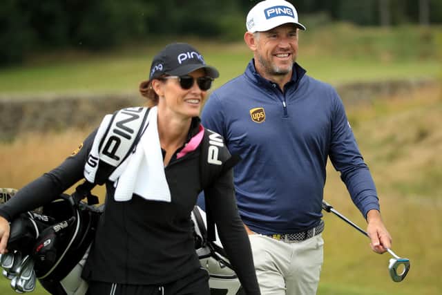 Lee Westwood with his fiancee Helen Storey during a practice round at the British Masters at Close House. Picture: Andrew Redington/Getty Images