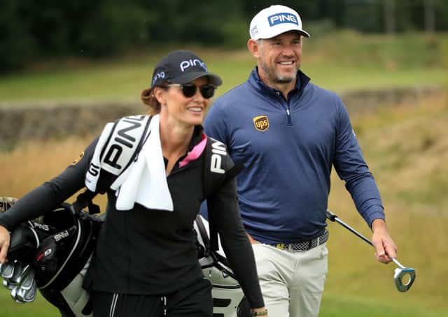 Lee Westwood with his fiancee Helen Storey during a practice round at the British Masters at Close House. Picture: Andrew Redington/Getty Images