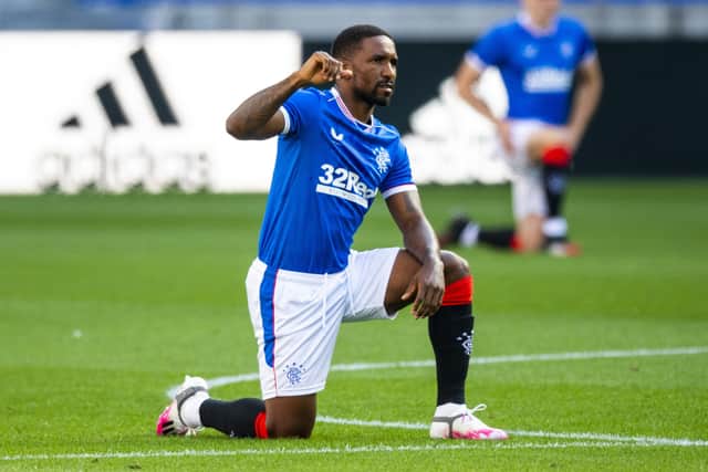 Rangers forward Jermain Defoe takes the knee before the friendly match against Nice. Picture: SNS
