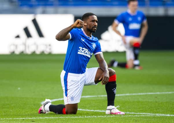 Rangers forward Jermain Defoe takes the knee before the friendly match against Nice. Picture: SNS