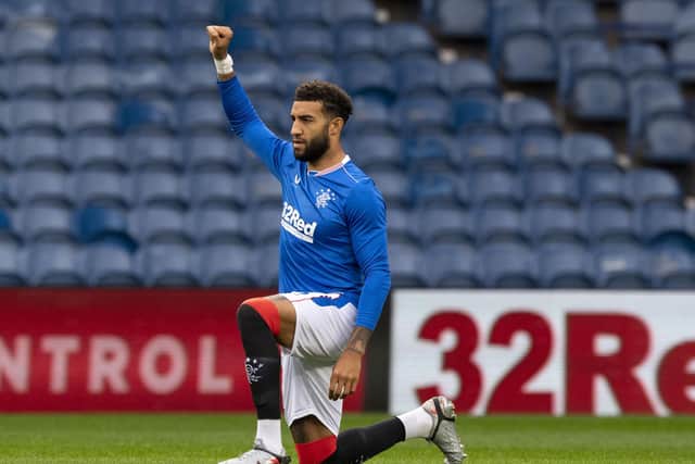 Connor Goldson takes the knee before Rangers' pre-season friendly with Motherwell. Picture: SNS.