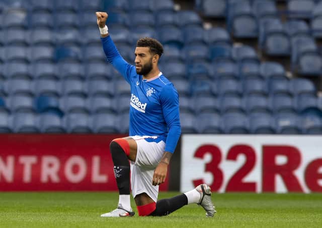 Connor Goldson takes the knee before Rangers' pre-season friendly with Motherwell. Picture: SNS.