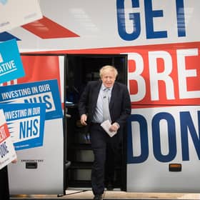Prime Minister Boris Johnson at the unveiling of the Conservative Party battlebus during the 2019 general election