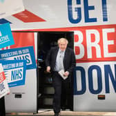 Prime Minister Boris Johnson at the unveiling of the Conservative Party battlebus during the 2019 general election