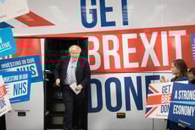 Prime Minister Boris Johnson at the unveiling of the Conservative Party battlebus during the 2019 general election
