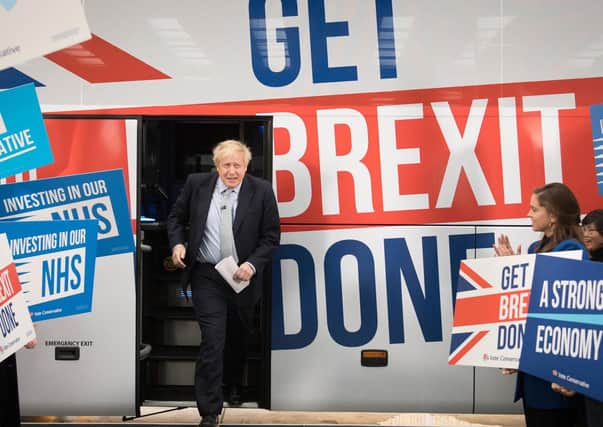 Prime Minister Boris Johnson at the unveiling of the Conservative Party battlebus during the 2019 general election