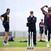 Jofra Archer has been providing a tough test for England’s batsmen in the nets at Old Trafford. Picture: Gareth Copley/Pool/PA Wire