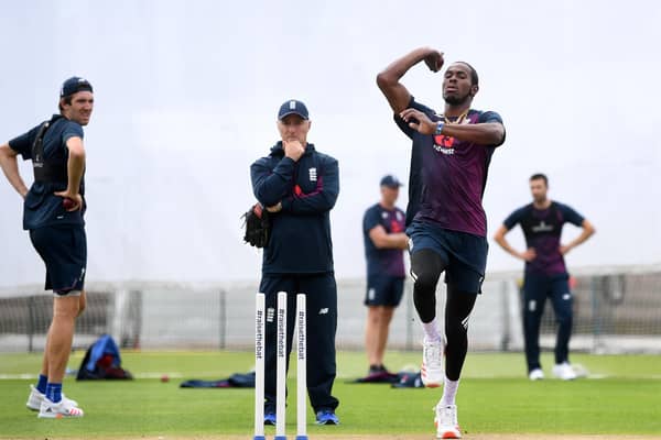 Jofra Archer has been providing a tough test for England’s batsmen in the nets at Old Trafford. Picture: Gareth Copley/Pool/PA Wire